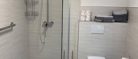 Douche, séchoir à cheveux, serviettes fournies, savon