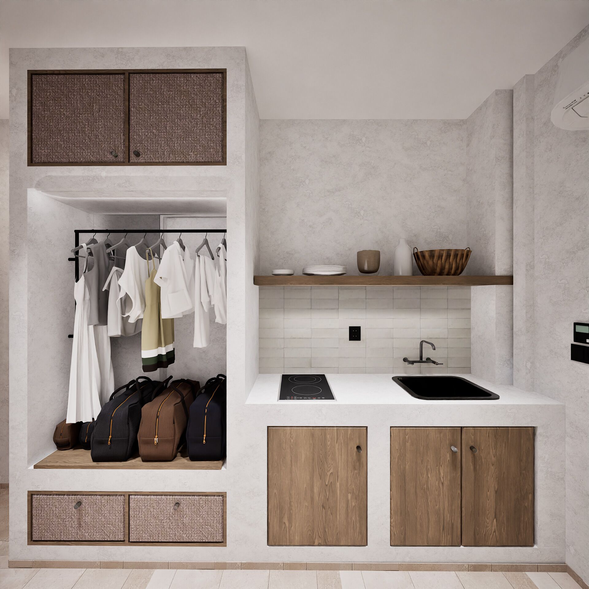 Mini-fridge, stovetop, cookware/dishes/utensils
