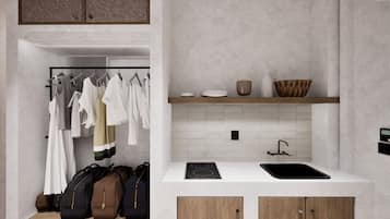 Mini-fridge, stovetop, cookware/dishes/utensils