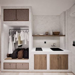 Frigobar, placa de cocina, utensilios de cocina