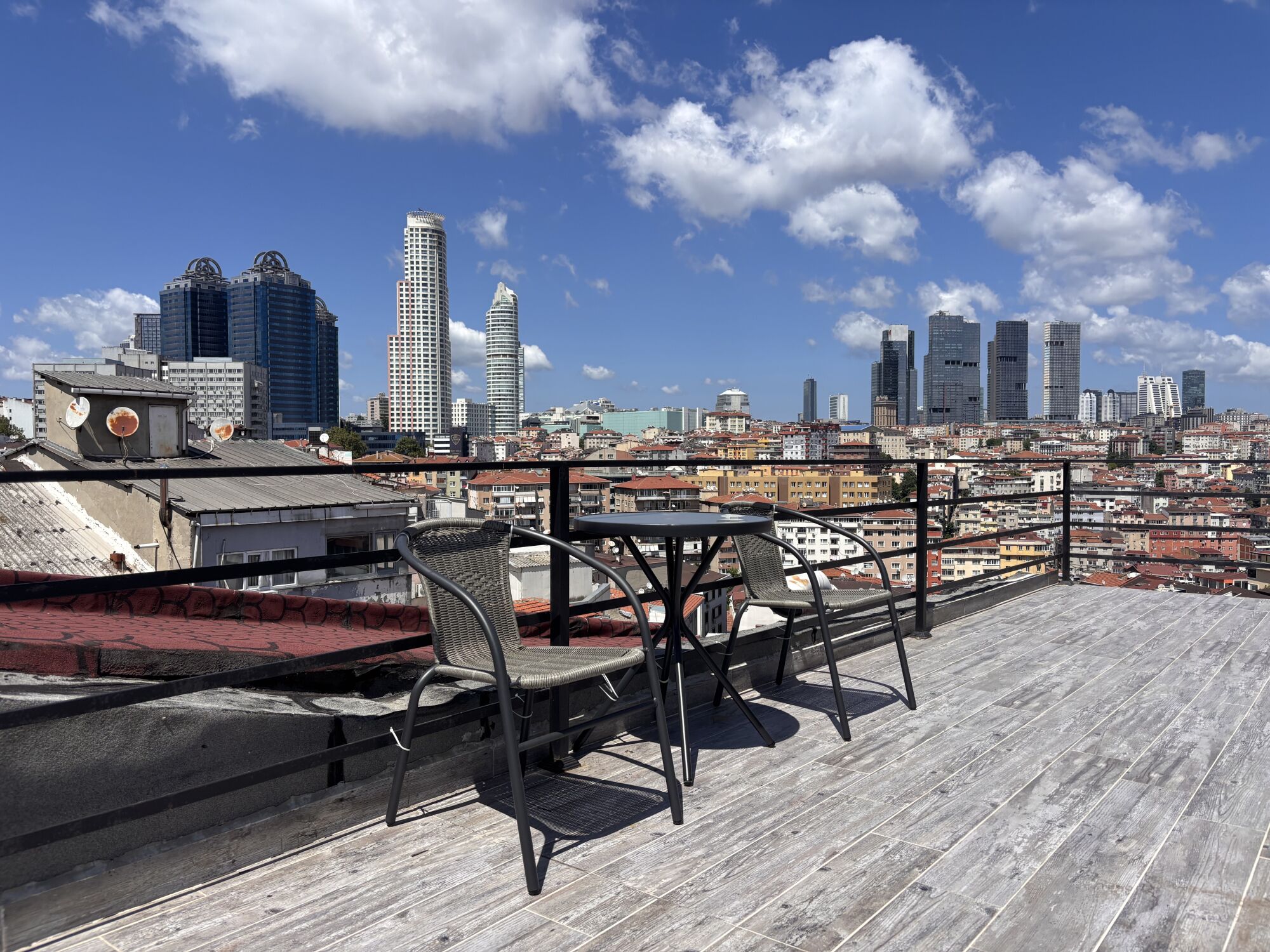 Eine Dachterrasse mit Blick auf eine Stadtlandschaft, darunter Hochhäuser und ein klarer Himmel.