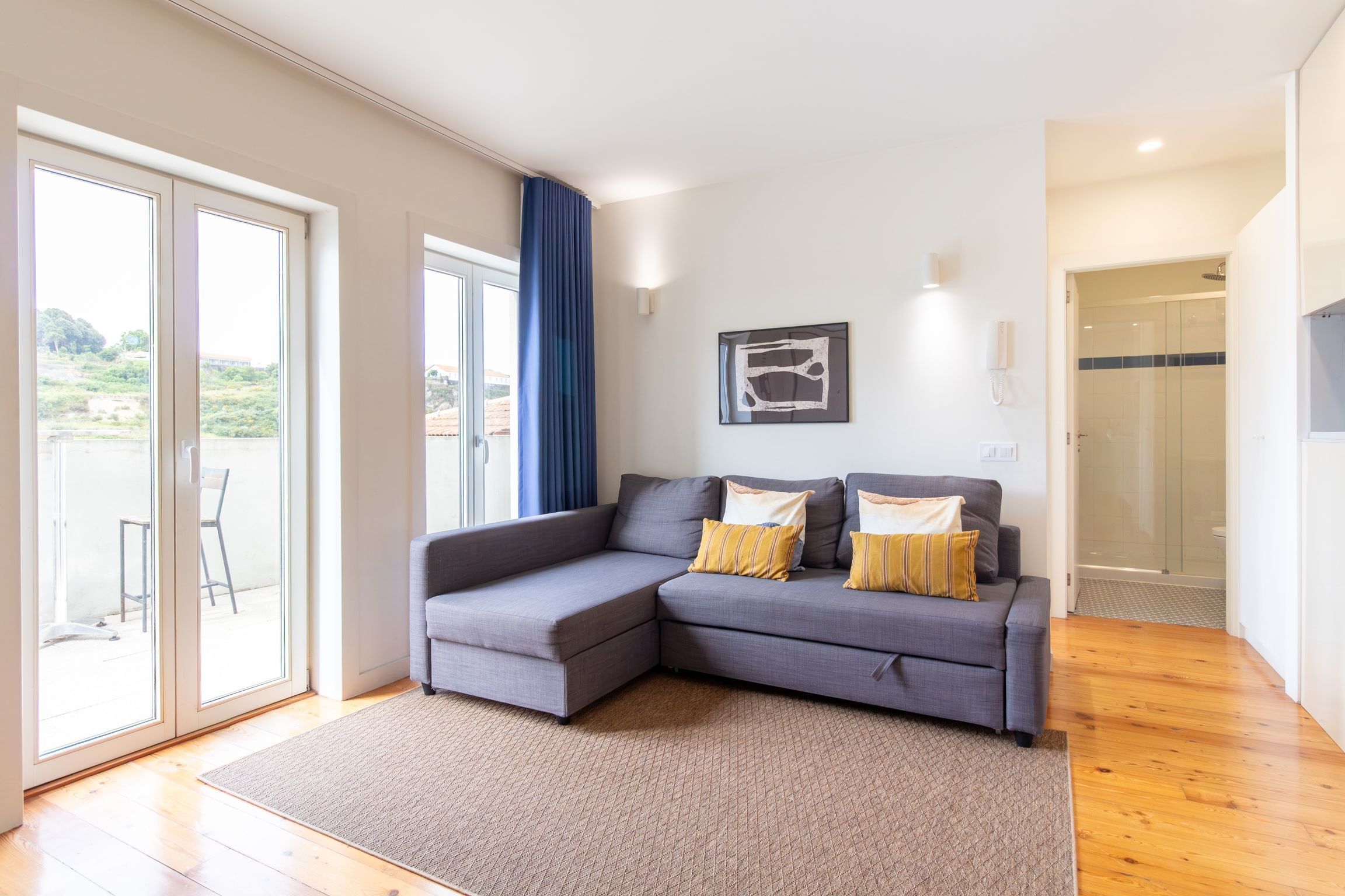 A modern living room with a grey sectional sofa, a patterned rug, and a glass shower enclosure.