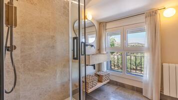 Shower, hair dryer, towels