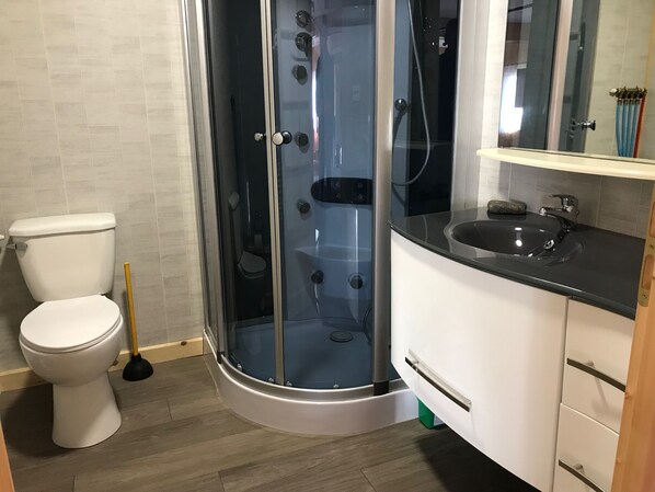 A bathroom with a toilet, a glass-enclosed shower, and a sink with a mirror.