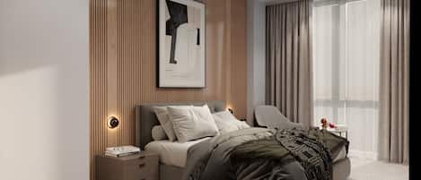 A modern bedroom with a bed, nightstand, and a large window with curtains.
