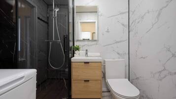 Shower, hair dryer, towels, shampoo