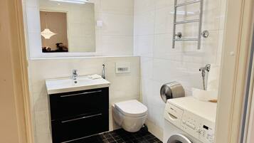 Shower, hair dryer, bidet, towels