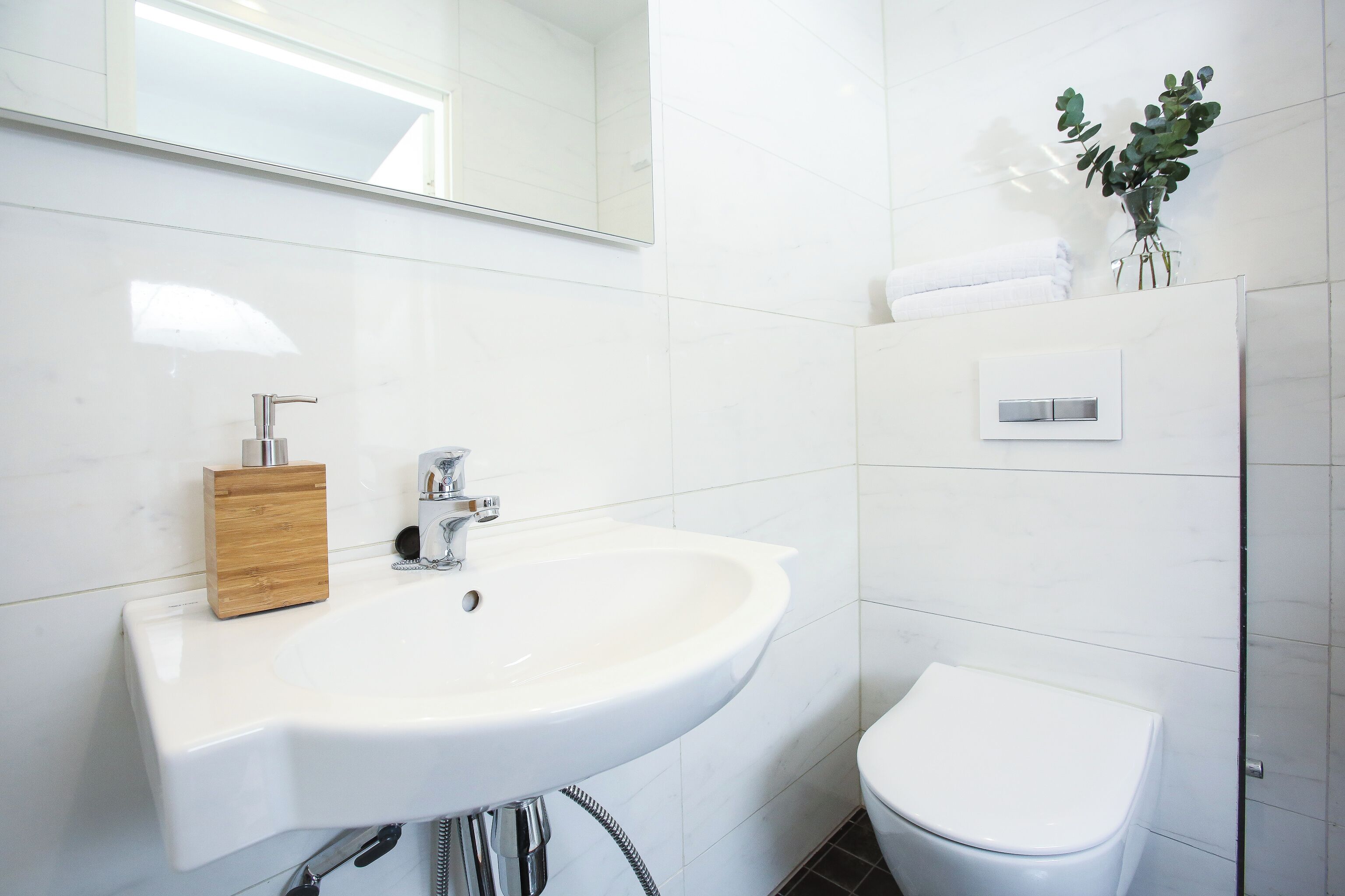 A modern bathroom with a white sink, a mirror, a toilet, and a small plant on the wall.