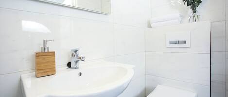 A modern bathroom with a white sink, a mirror, a toilet, and a small plant on the wall.