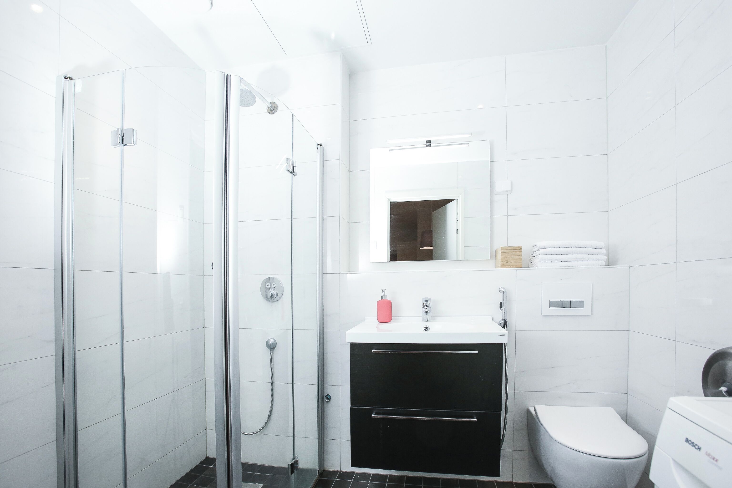 Shower, hair dryer, bidet, towels