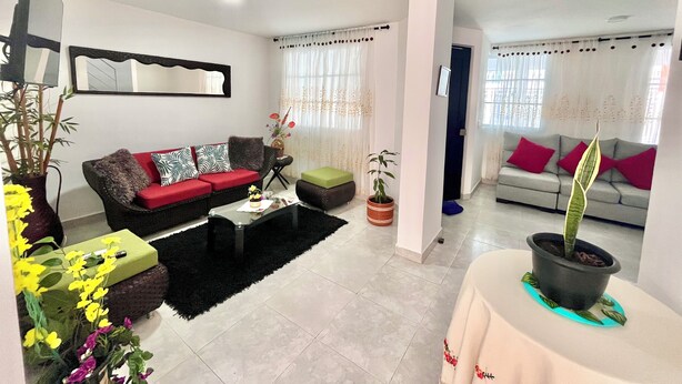 A living room with two sofas, a coffee table, and potted plants. - Peaceful 2-bedroom house with AC in charming Santa Marta, WIFI, Tayrona. (Santa Marta)