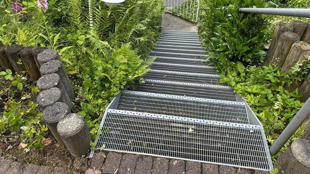 Una escalera metálica con barandilla de metal, rodeada de follaje y un farol blanco.