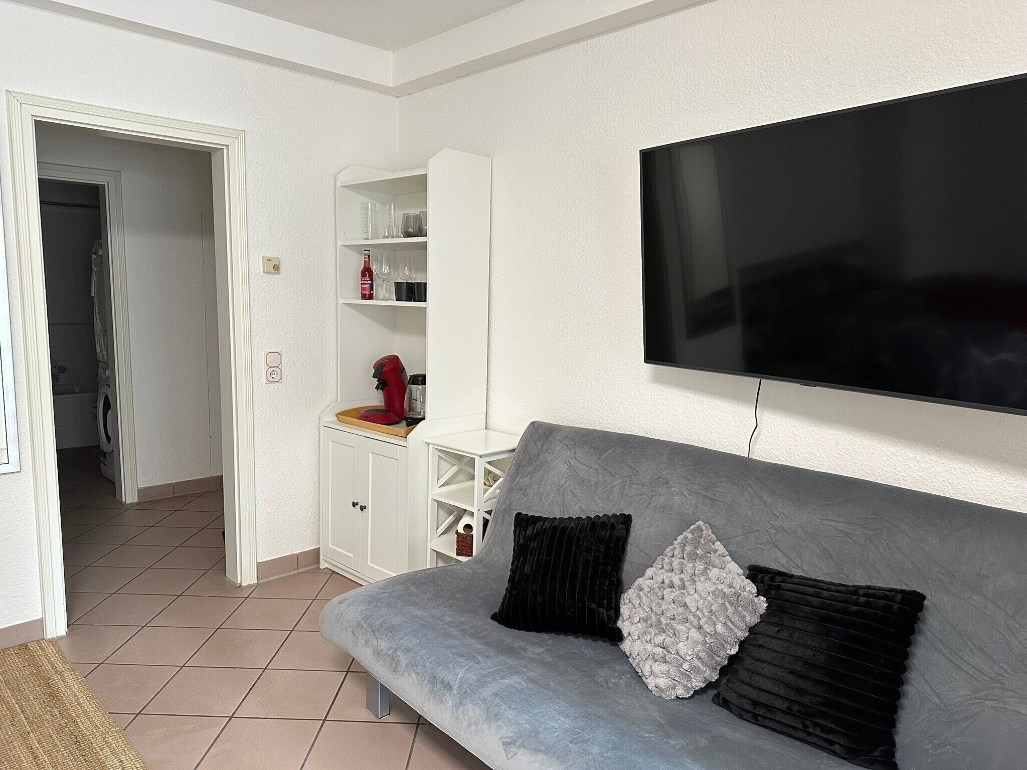 Un salon avec un canapé gris, deux coussins, un téléviseur à écran plat, un meuble blanc avec des étagères et, au fond, un lave-linge.