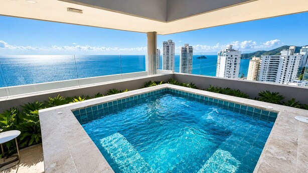 A rooftop pool with a city view. - Reserva del Mar II Apartment - Cantamar SOHO -383A (Santa Marta)