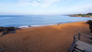 Une plage avec une promenade en bois qui mène au bord de l’eau.