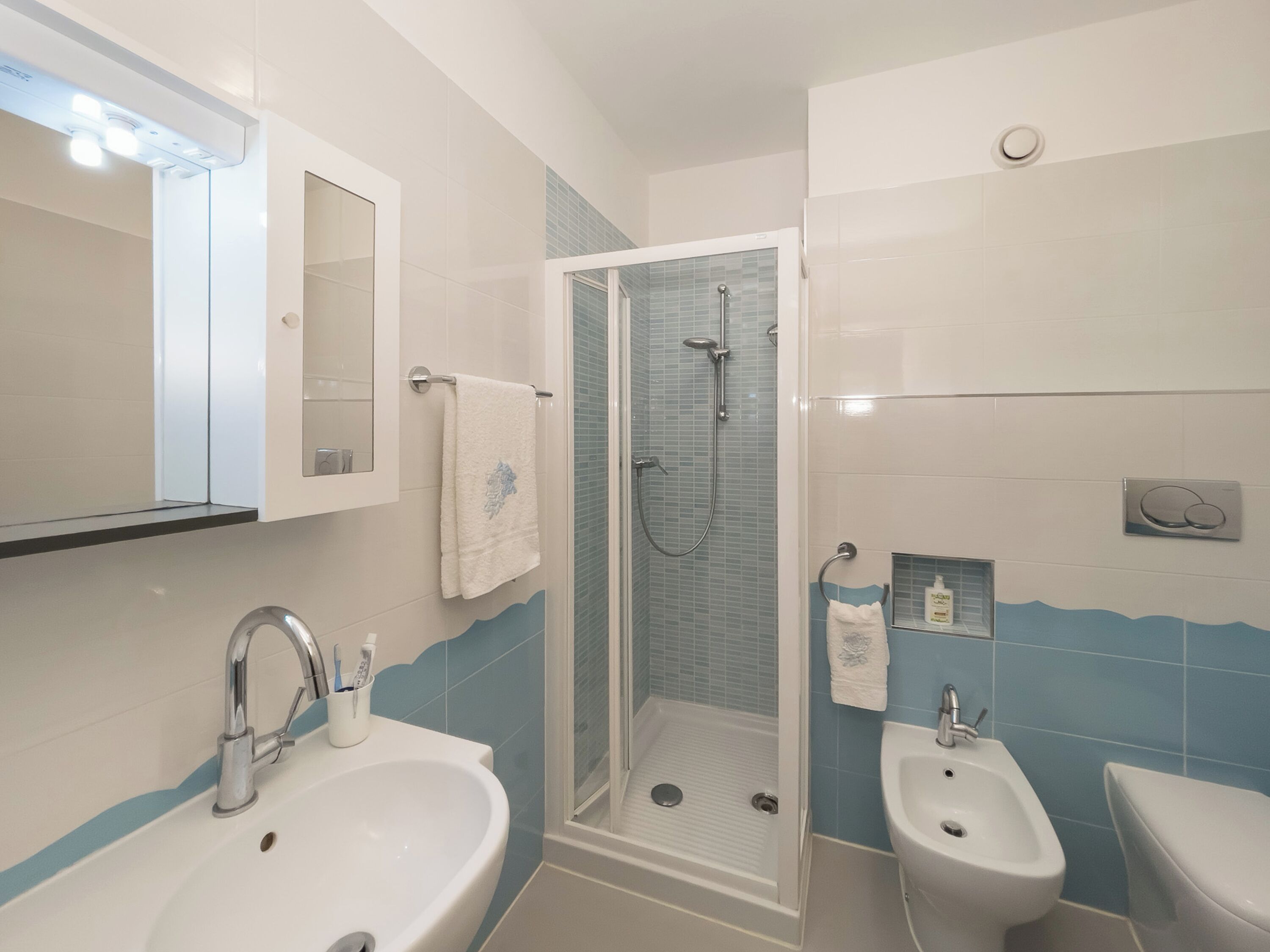 Un baño con lavamanos, bidé y ducha.