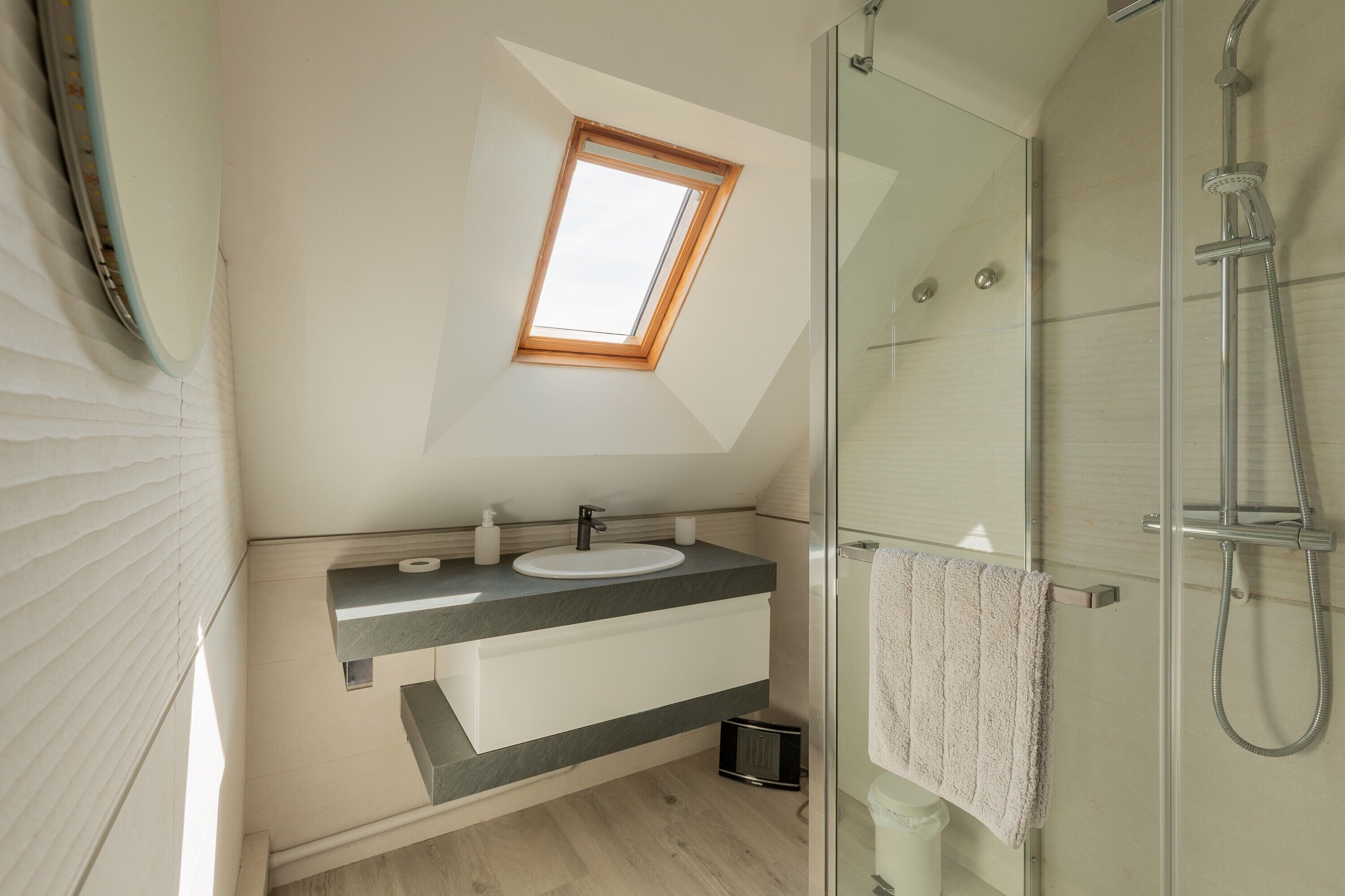 Shower, hair dryer, towels