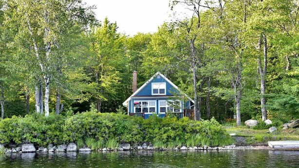 Una casa accanto a un lago, circondata da alberi.