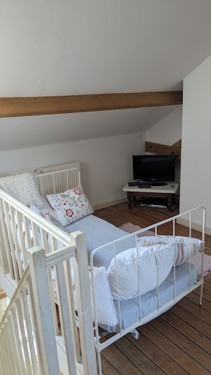 Ein Schlafzimmer mit einem Bett, einem Fernseher und Holzboden.