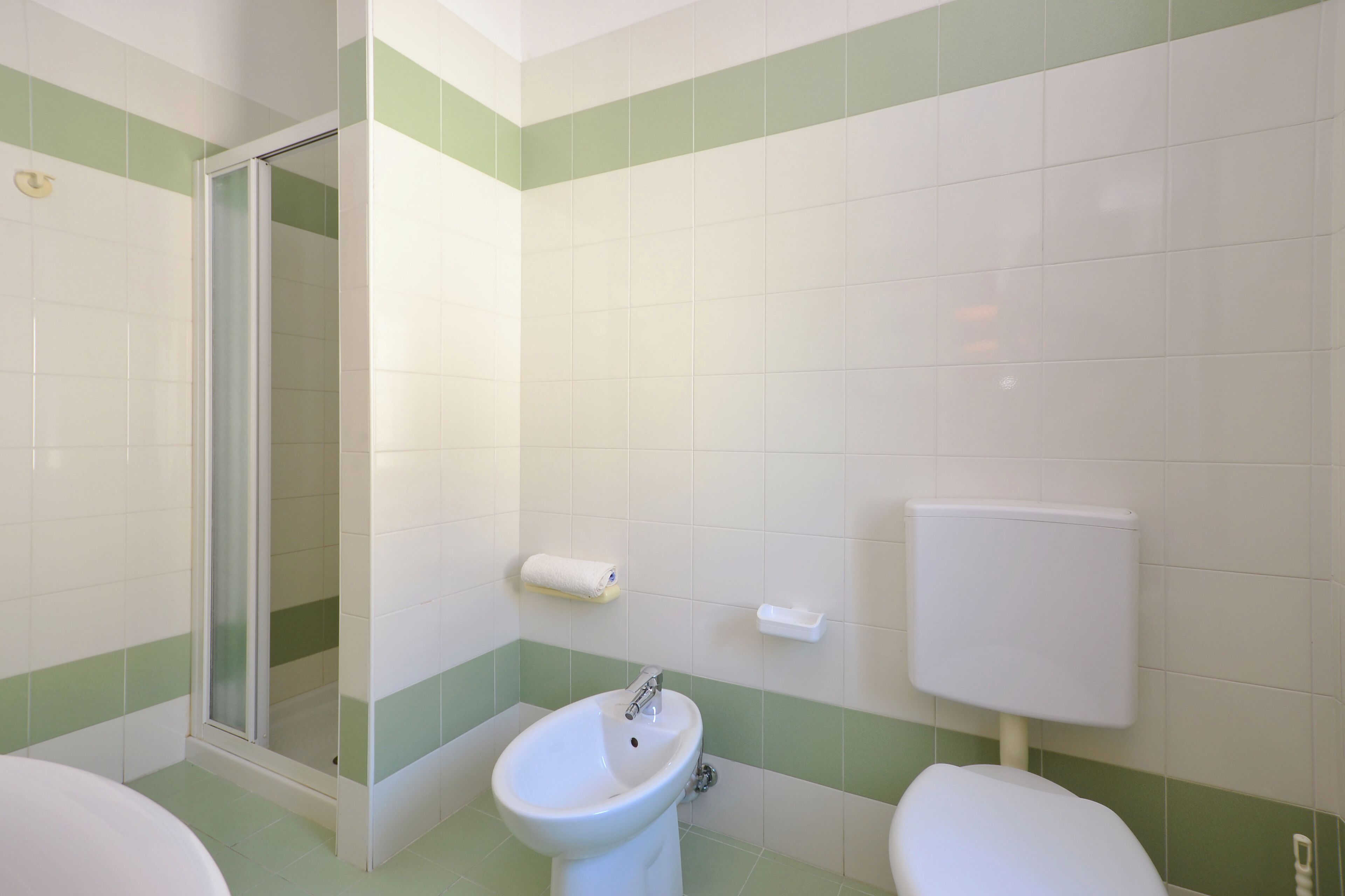Et badeværelse med bruser, håndvask og toilet.