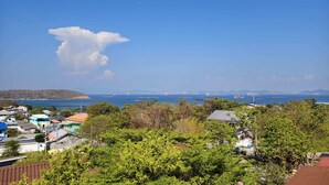 Un quartier résidentiel situé sur la côte, avec des maisons, de la verdure et une vue sur la mer, où l’on peut apercevoir des navires.