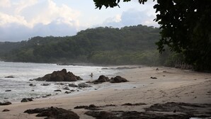 A beach with rocky outcrops and a forested hillside in the background. - Jungle Canopy Bungalow at Taru Rentals (Montezuma)