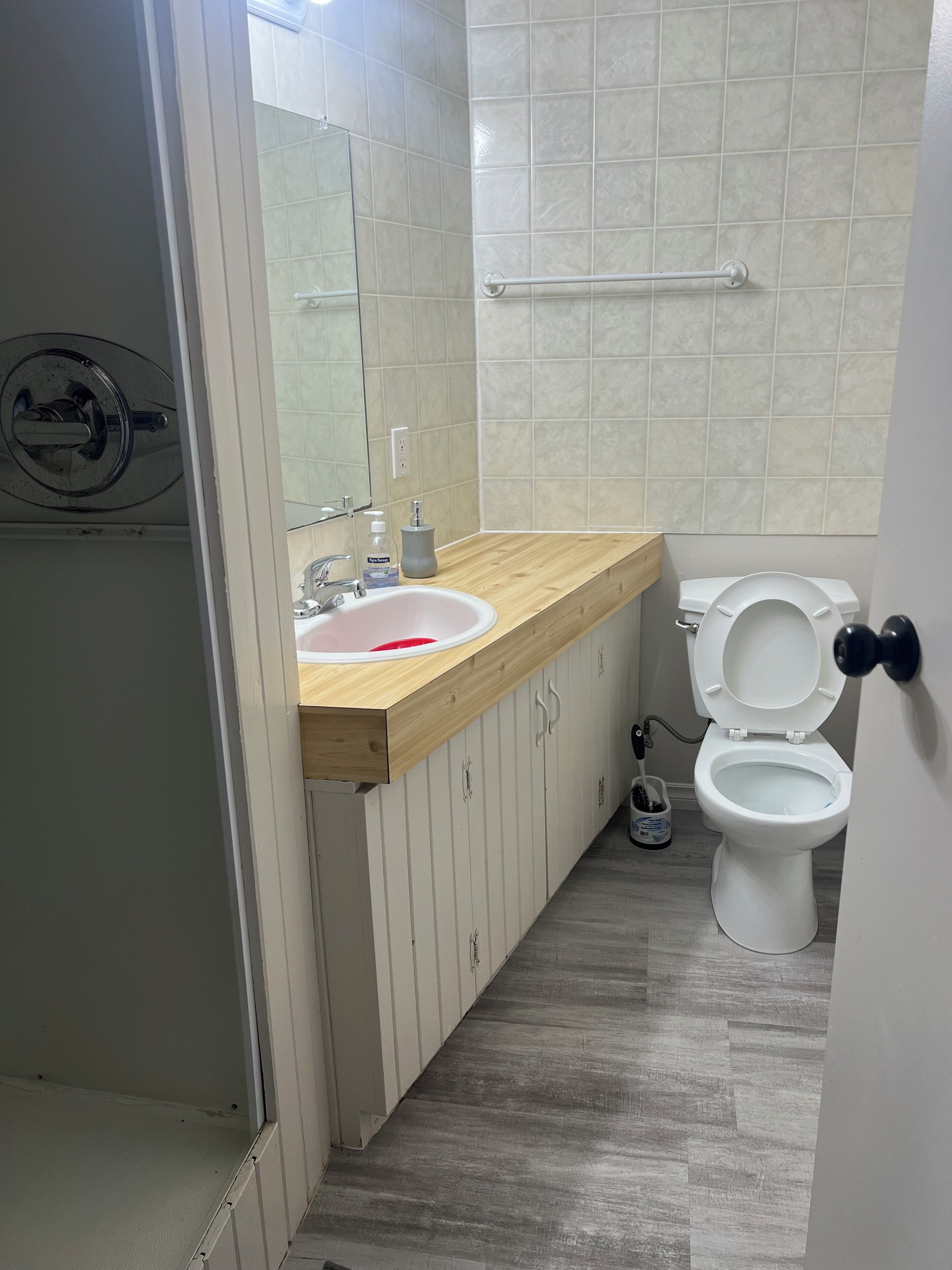 Shower, towels, soap, toilet paper