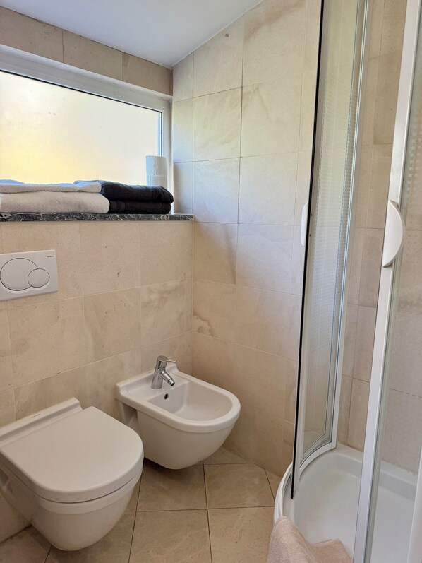 Regadera, bidet, toallas, jabón