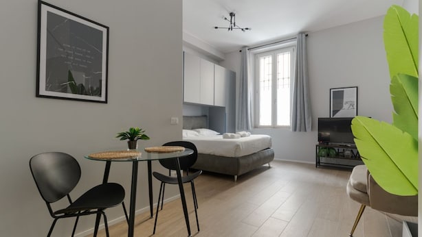 Una camera da letto moderna con un letto, un tavolino con sedie, una televisione e una grande pianta verde.