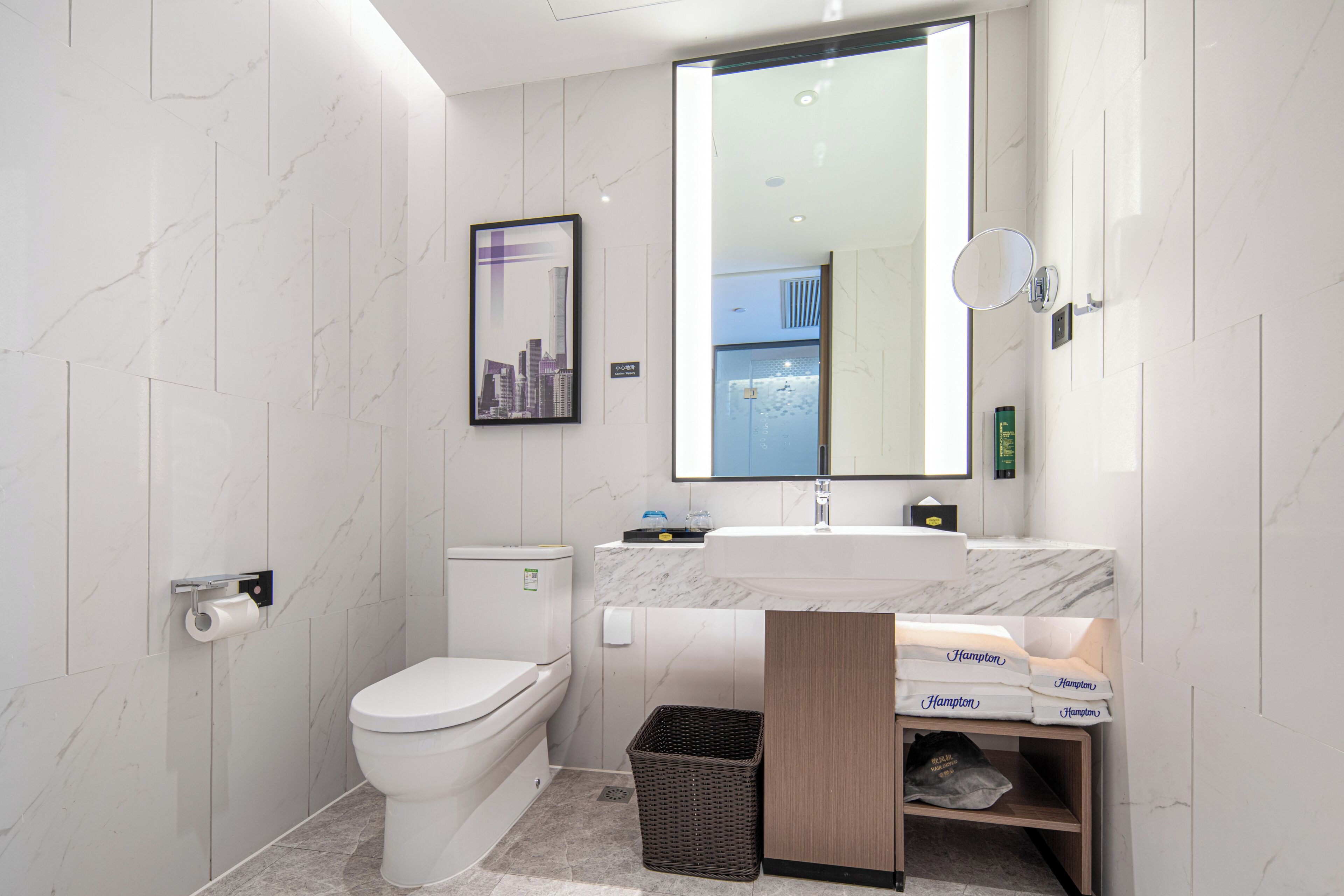 A modern bathroom with a toilet, sink, and mirror.