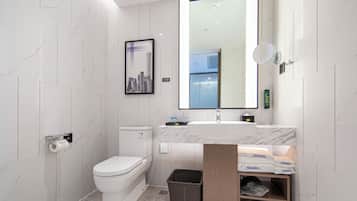 A modern bathroom with a toilet, sink, and mirror.