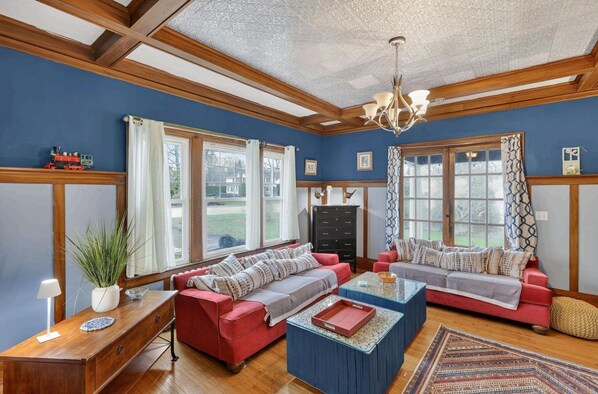 TV, fireplace, books