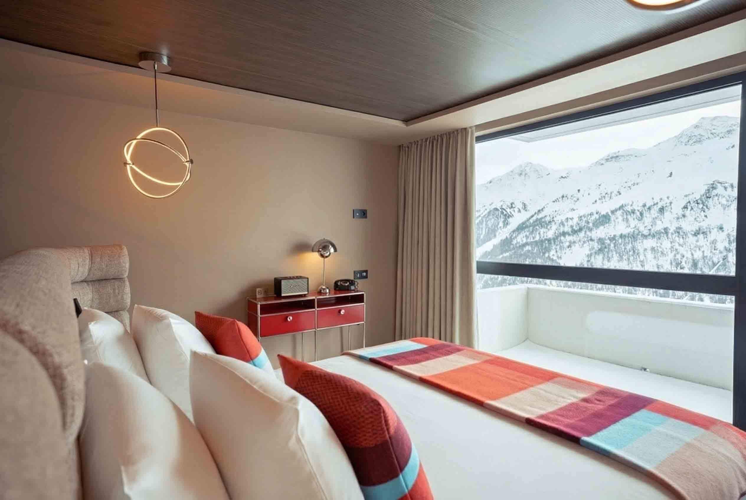 Une chambre d’hôtel avec un lit, une table de chevet, une lampe, une vue sur des montagnes enneigées et un balcon.