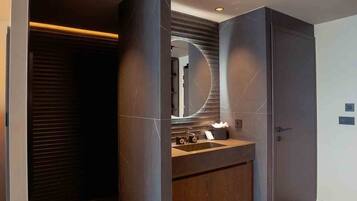 Hair dryer, bathrobes, slippers, towels