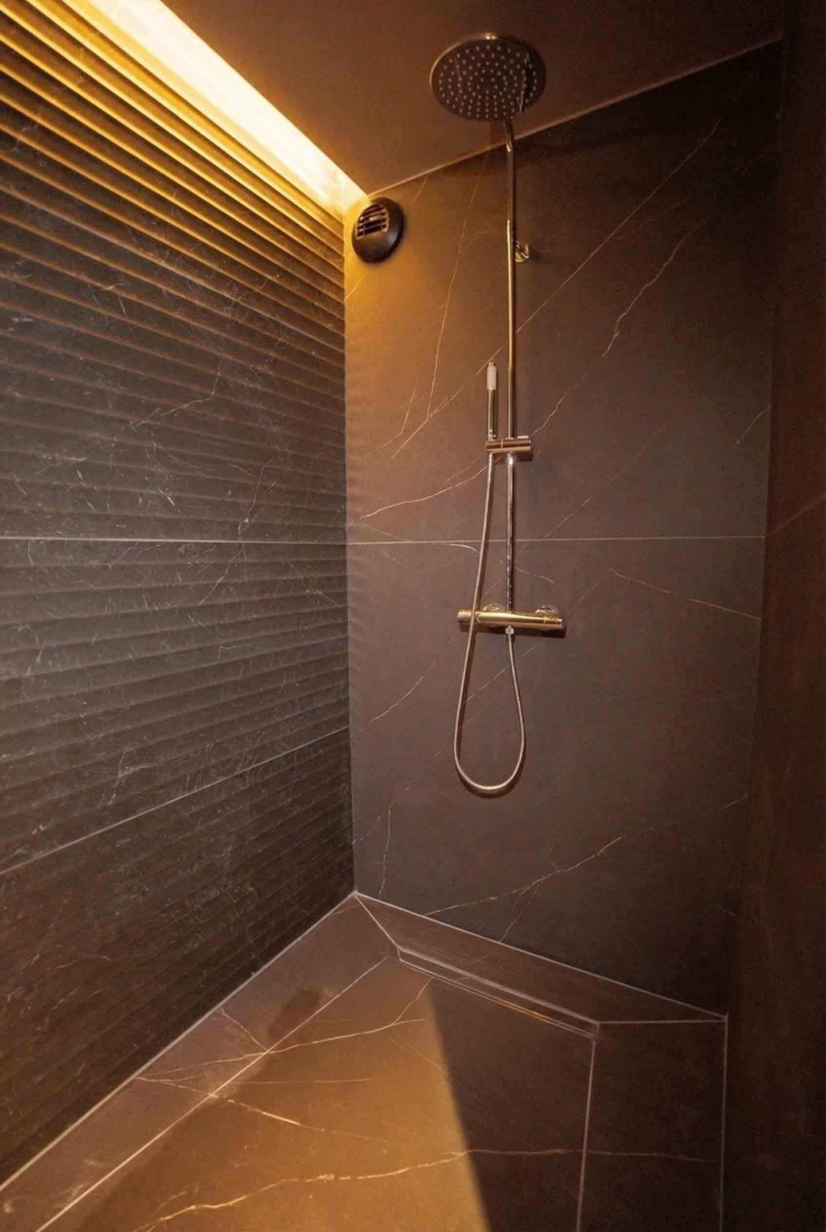A shower with a handheld showerhead and a wall-mounted control.
