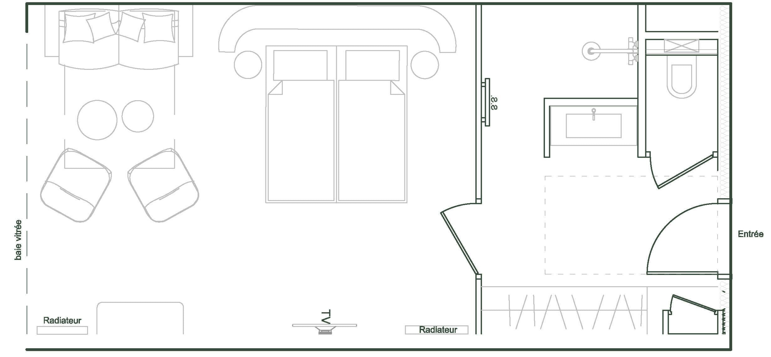 A floor plan with a bed, two bedside tables, a radiator, and a bathroom.