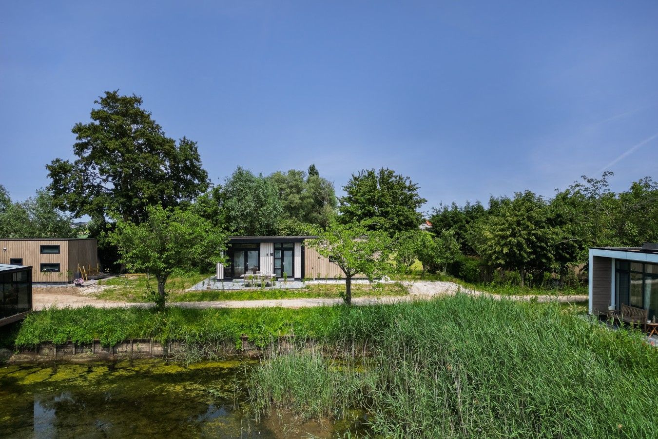 Une maison moderne dotée d’un patio, entourée d’arbres et bordée d’un étang.