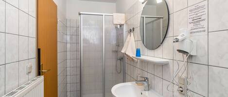 A modern bathroom with a shower, sink, and mirror.
