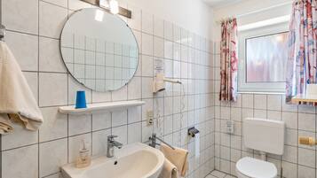A bathroom with a sink, mirror, toilet, and shower.