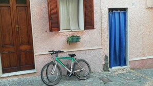 Una bicicleta estacionada frente a un edificio con puerta de madera y ventana con contraventanas.