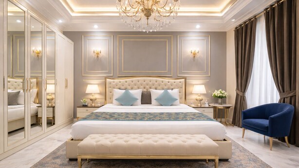A luxurious bedroom with a large bed, a chandelier, a blue armchair, and a mirror cabinet. - OPO ALPINE TREE (New Delhi)