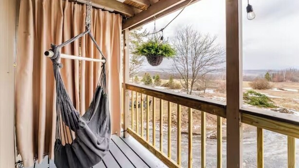 A wooden deck with a hanging hammock, a potted plant, and a view of a landscape. - Stunning fall foliage views with EV charger close to Cooperstown (Sharon Springs)