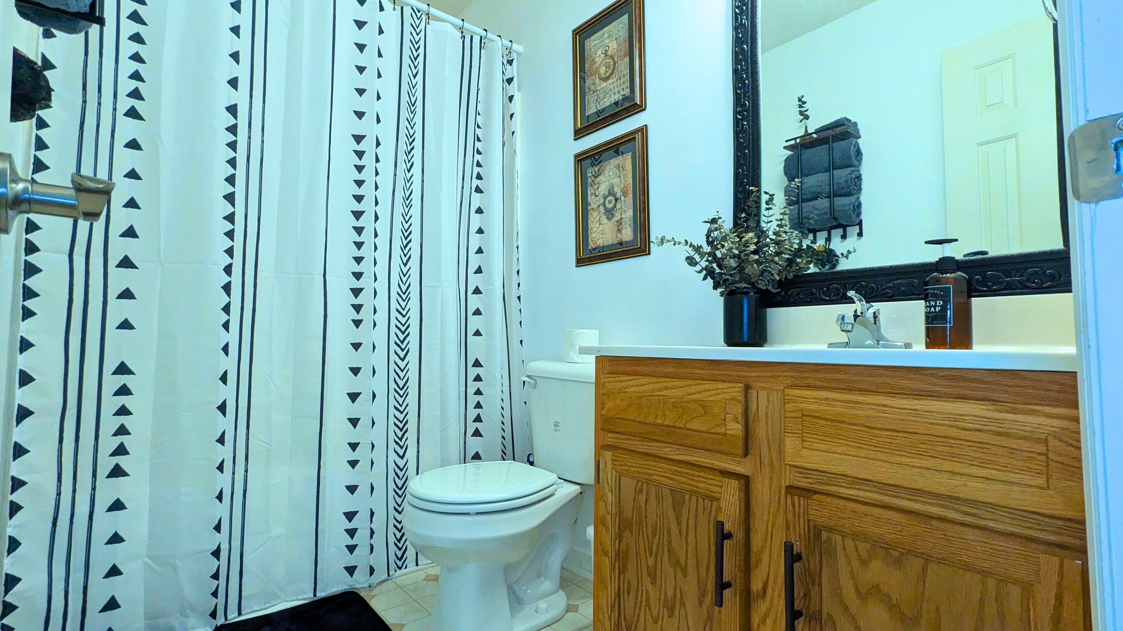 Hair dryer, towels, soap, toilet paper