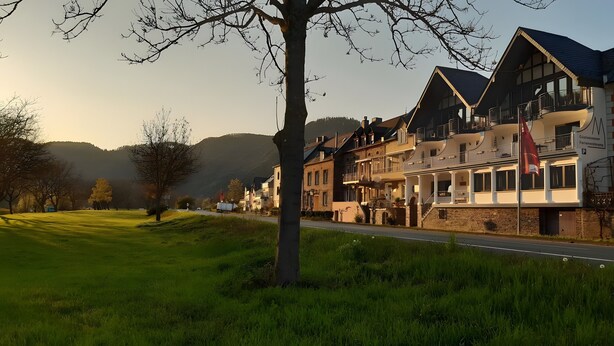 A row of traditional European-style buildings with balconies, a grassy foreground, and a mountain in the background.