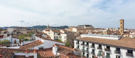 A cityscape with terracotta-tiled rooftops, a prominent tower, and a mix of residential and commercial buildings.