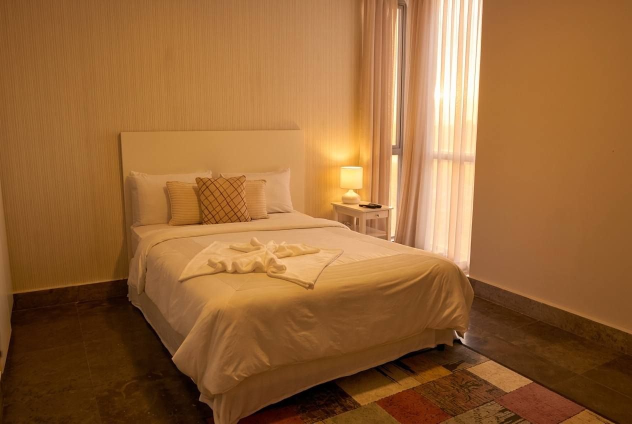 Een hotelkamer met een bed, een nachtkastje met lamp en een raam met gordijnen.