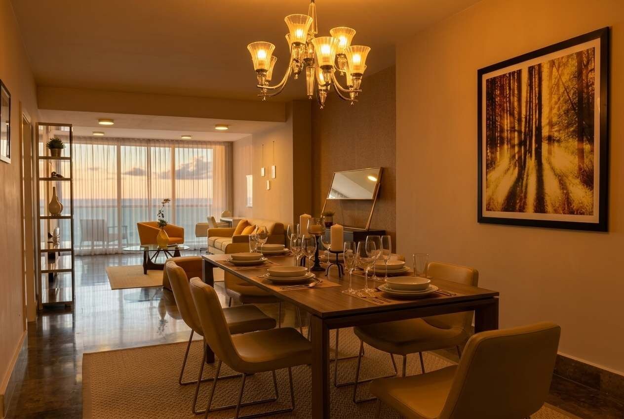 Un comedor con una larga mesa dispuesta para seis personas, una araña y un cuadro grande en la pared.