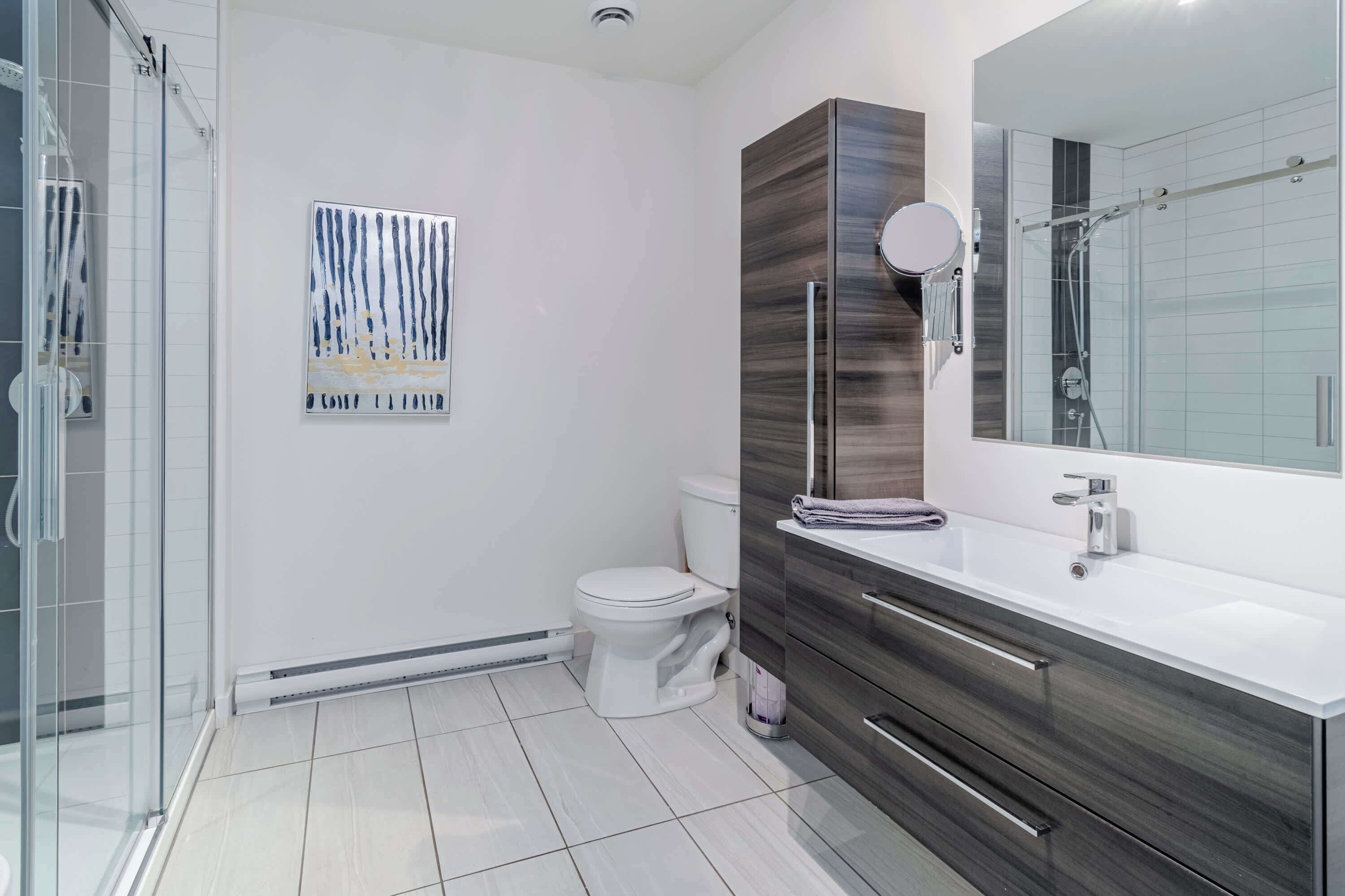 A modern bathroom with a glass shower enclosure, a toilet, a vanity with a mirror, and a wall-mounted towel rack.