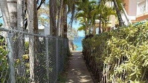 Un chemin bordé de palmiers et délimité par une clôture en treillis métallique, qui mène à un bâtiment doté d’un balcon.