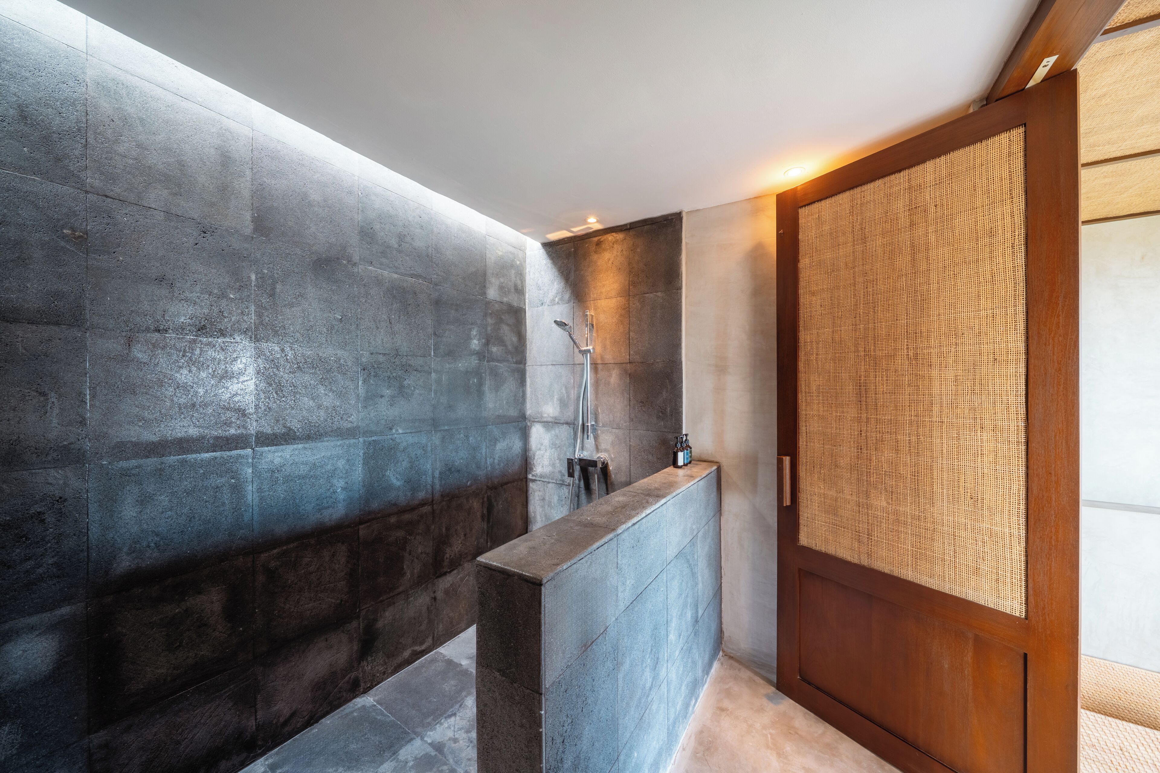 Shower, rainfall showerhead, hair dryer, towels